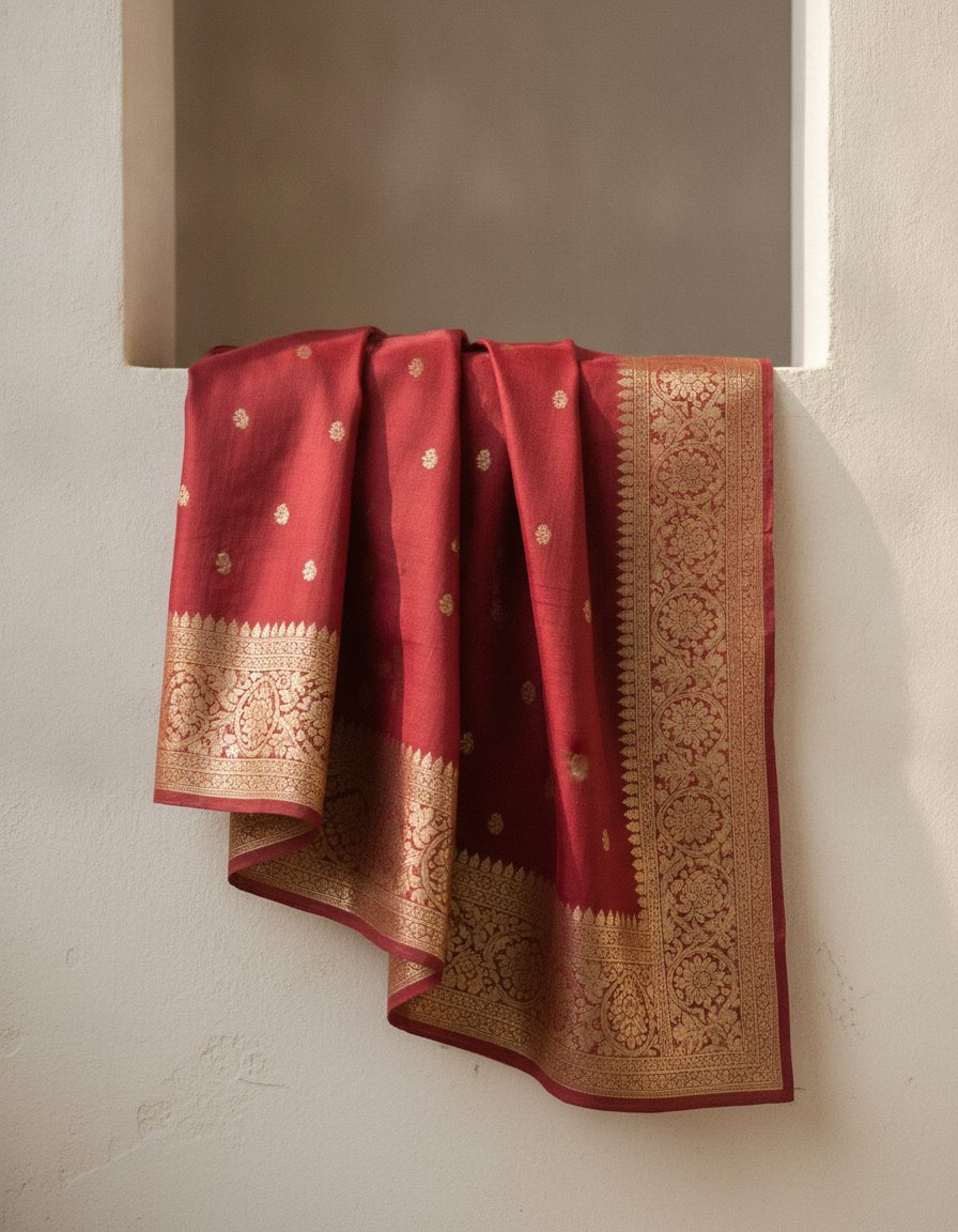 A length of deep red silk with a broad woven gold border, draped over a pale plaster ledge in daylight.