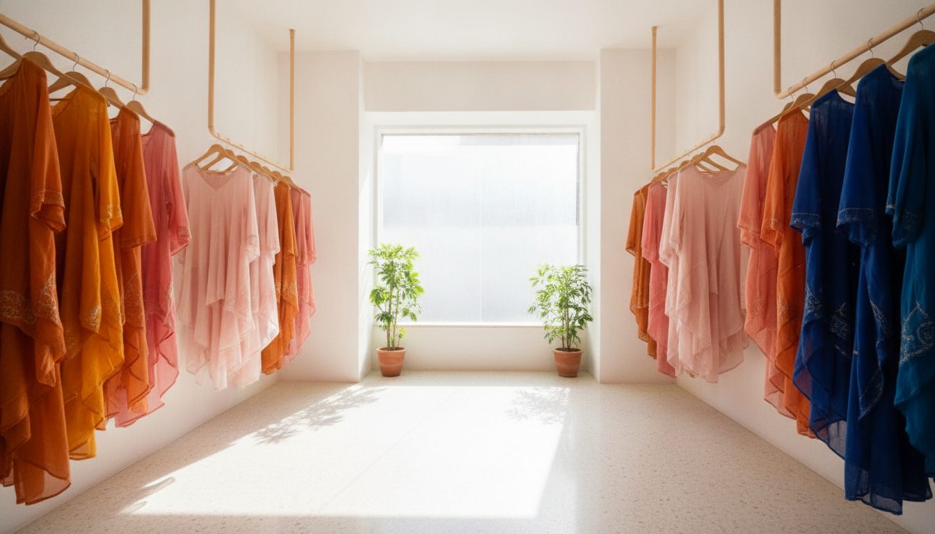 A bright boutique room with garments in saffron, rose and indigo hanging on pale wood rails, daylight from a tall window.