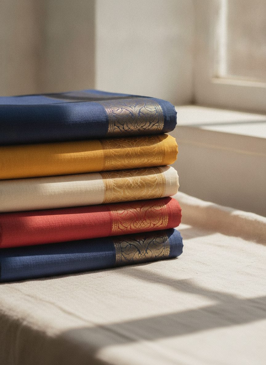 Folded silks in indigo, marigold, ivory and red stacked on ivory linen, each with a gold woven border.