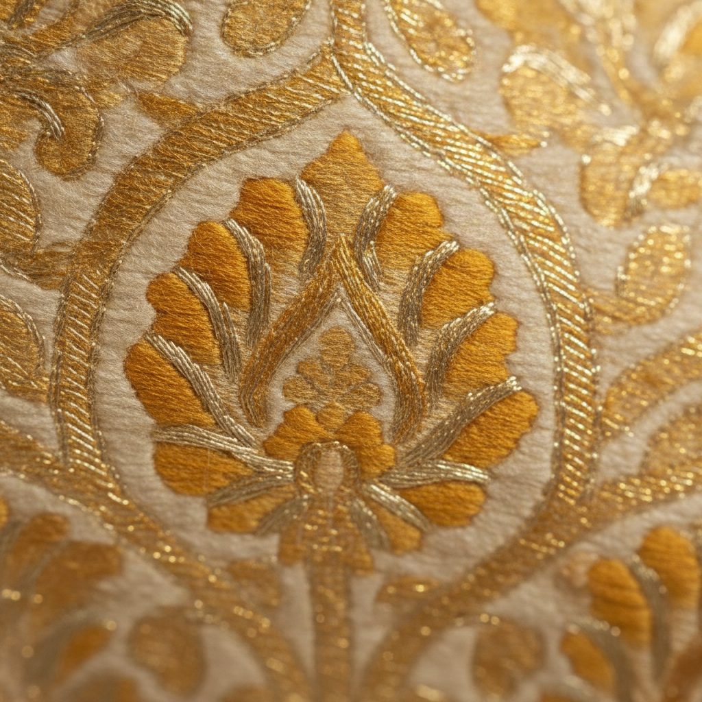 Macro view of brocade weave, gold metallic thread worked into a floral motif on ivory silk.